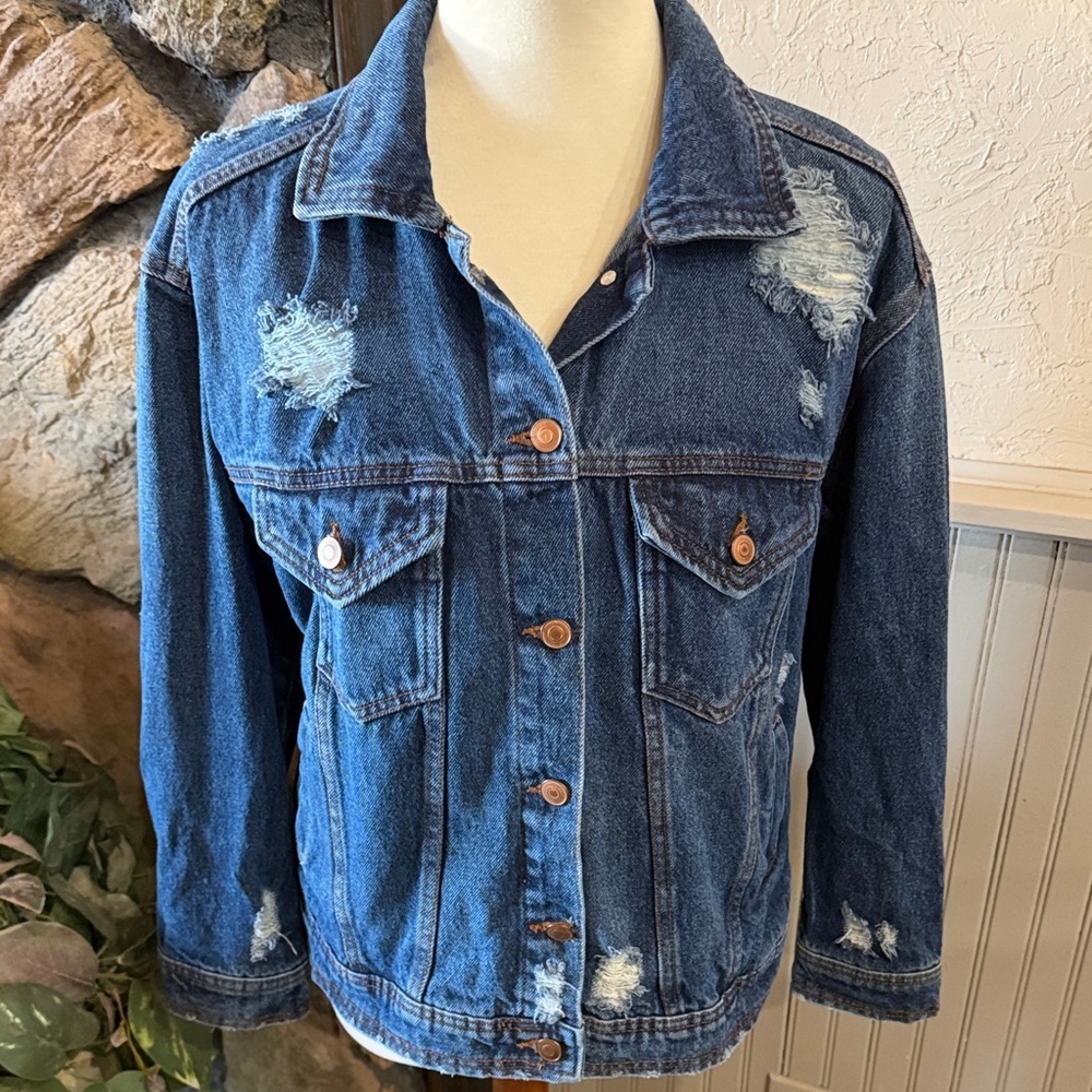 Celebrity Pink Dark Blue Distressed Jean Jacket